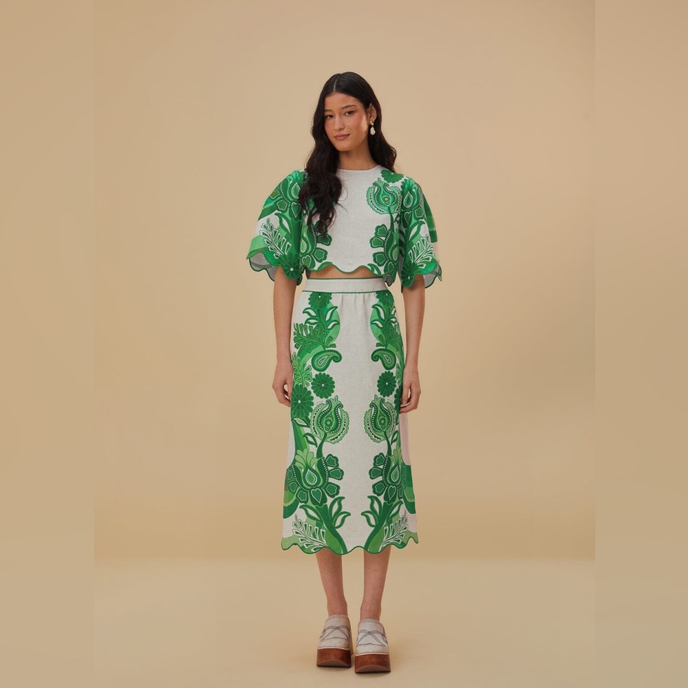 FARM RIO Green Color Festival Midi Skirt